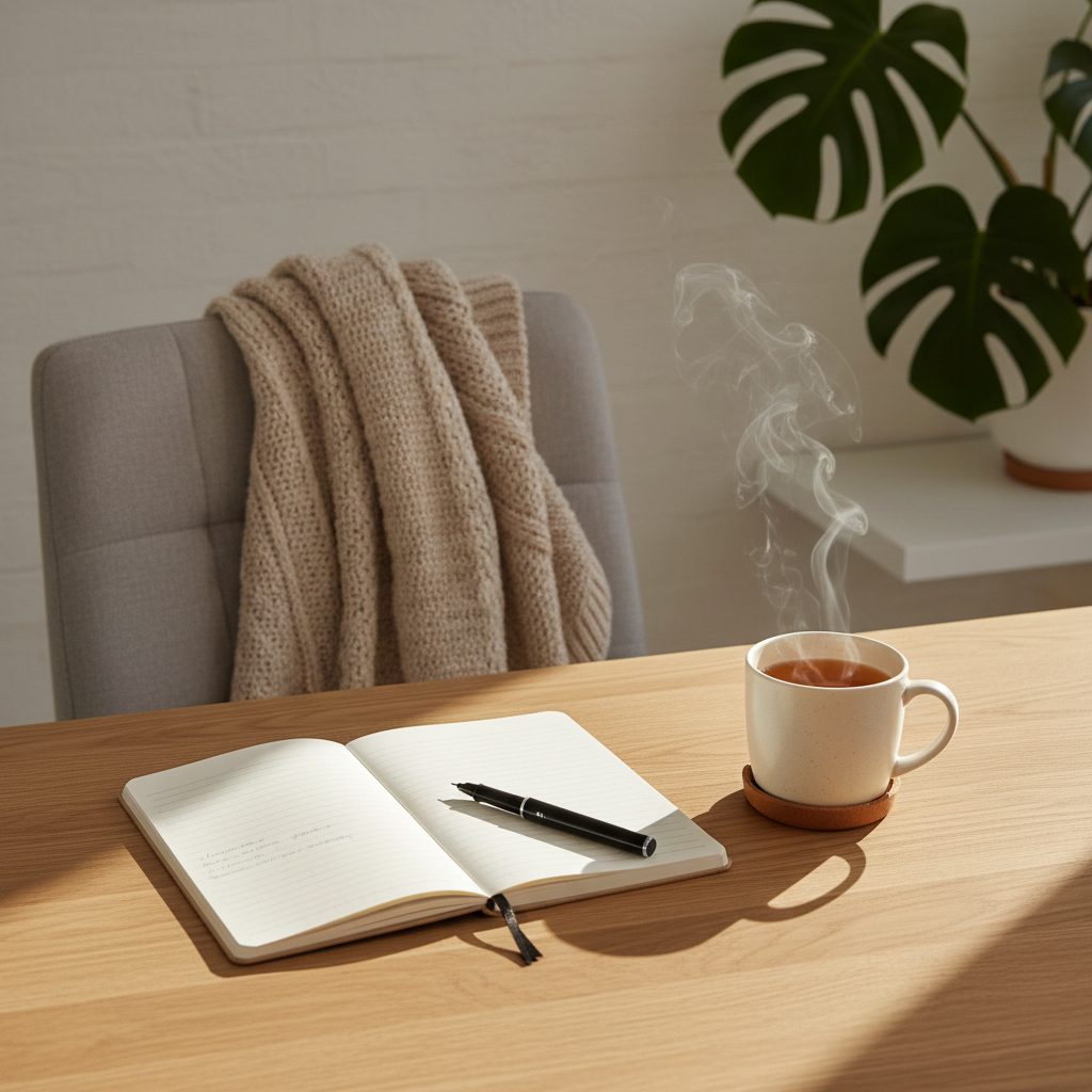 A minimalist wooden desk with a smooth, light-oak surface, holding an open notebook with neatly ruled pages, a fine-line pen, and a simple ceramic mug of herbal tea releasing a faint curl of steam. A soft knitted throw is draped over the back of a simple upholstered chair. In the background, a houseplant with broad, dark-green leaves sits on a low shelf, slightly out of focus. Natural daylight from an unseen window washes across the desk from the left, creating gentle shadows and a soothing, diffused glow. Photographic realism with a slightly elevated angle, rule-of-thirds composition, and a calm, organized atmosphere that suggests gentle self-reflection and supportive structure without feeling clinical.